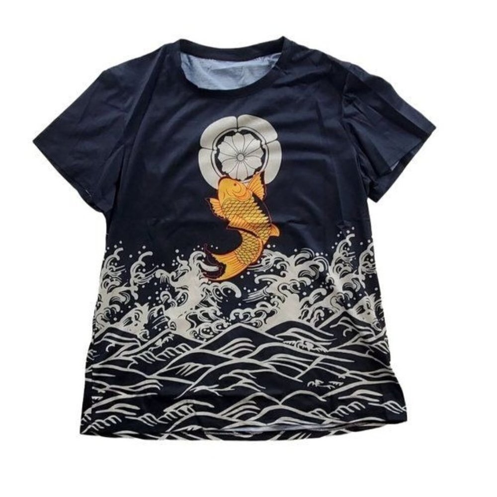 Shein XL Koi Black Tee Shirt Orange Fish